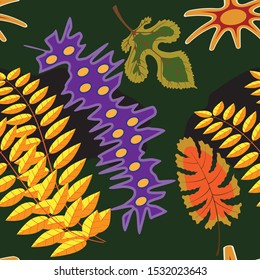 The seamless colorful pattern with abstract tropical plants. For your design.Textile, blog decoration, banner, poster, wrapping paper.