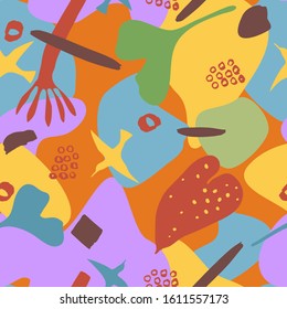 Seamless colorful pattern with abstract tropical plants,birds, shapes. Great for textile, blog decoration, banner, poster, wrapping paper.