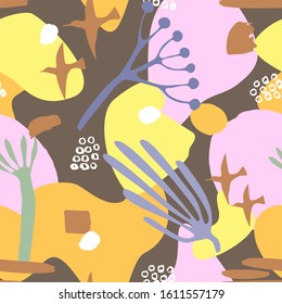 Seamless colorful pattern with abstract tropical plants,birds, shapes. Great for textile, blog decoration, banner, poster, wrapping paper.