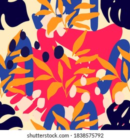 The seamless colorful pattern with abstract tropical plants. Hand drawn overlapping background for your design.Textile, blog decoration, banner, poster, wrapping paper.