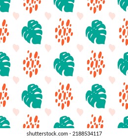 El patrón colorido sin fisuras con plantas tropicales abstractas. Fondo superpuesto dibujado a mano para tu diseño.Textil, decoración de blog, banner, afiche, papel envolvente.