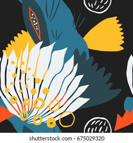 The seamless colorful pattern with  abstract tropical plants. Hand drawn overlapping background for your design.Textile, blog decoration, banner, poster, wrapping paper.