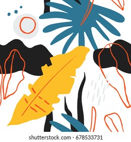 El patrón colorido sin fisuras con plantas tropicales abstractas. Trato manual de fondo superpuesto para tu diseño.Textil, decoración de blog, banner, afiche, papel envolvente.
