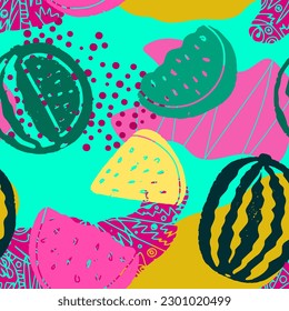 Seamless colorful pattern with abstract watermelons. Summer texture pattern. Textile, blog design, banner, poster, wrapping paper.