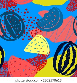 Patrón colorido sin inconfundible con sandías abstractas. Patrón de textura de verano. Textil, diseño de blog, pancarta, afiche, papel de envoltura.