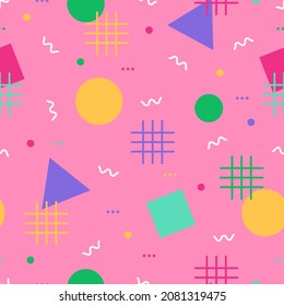 Seamless colorful pattern with abstract zigzags, grids and geometric shapes lite triangle, square and circles. Vector pink decorative background for holiday party celebration.