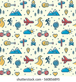 Seamless colorful pattern with adventure travel icons.