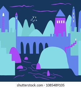 The seamless colorful pattern with an ancient castle on a cliff . Hand drawn fantasy background for your design.Textile, blog decoration, banner, poster, wrapping paper.