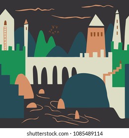 The seamless colorful pattern with an ancient castle on a cliff . Hand drawn fantasy background for your design.Textile, blog decoration, banner, poster, wrapping paper.