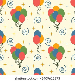 Seamless colorful pattern of balls and doodles. Great for birthday parties, textile, banners, wallpaper, packaging - vector design