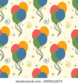 Seamless colorful pattern of balls and doodles. Great for birthday parties, textile, banners, wallpaper, packaging - vector design