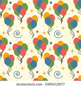 Seamless colorful pattern of balls and doodles. Great for birthday parties, textile, banners, wallpaper, packaging - vector design