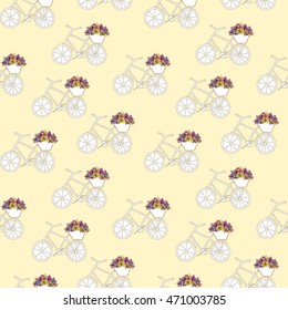 Seamless colorful pattern bicycle with a basket flowers.Can be used for background,design,backdrop,decoration