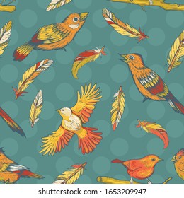 Seamless colorful pattern with birds and feathers
