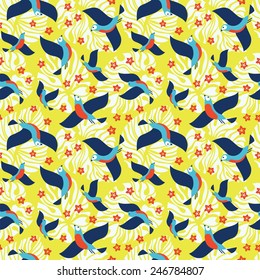 Seamless colorful pattern with birds and flowers.