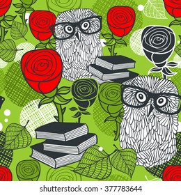 Seamless colorful pattern with birds in glasses and red roses. Vector background of clever owls.