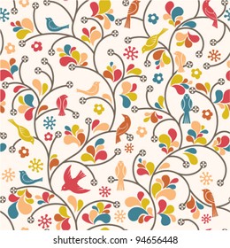 seamless colorful pattern with birds and plants ornament