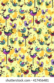 Seamless colorful pattern with birds. Vector illustration