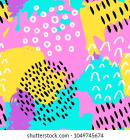 The seamless colorful pattern with black and white lines, spots, dots and other elements. Brush strokes effect. Hand drawn abstract background. Scandinavian style. Vector illustration