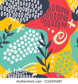 The seamless colorful pattern with black and white lines, spots, dots, leaves and other elements. Brush strokes effect. Hand drawn abstract background. Scandinavian style. Vector illustration