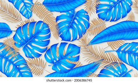 Seamless colorful pattern with blue and gold exotic tropical plants, monstera leaves and palm trees, trendy exotic vector composition