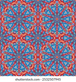 Nahtloses buntes Muster mit blauen und maroonfarbenen ethnischen Blumenmandalas im Ost-Stil für Fliesen, Tapeten, Textilgewebe und Teppich