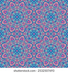 Nahtloses buntes Muster mit blauen und violetten ethnischen Blumenmandalas im Ost-Stil für Fliesen, Tapeten, Textilgewebe und Teppich