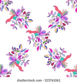 Seamless colorful pattern with bouquets of mistletoe and bows isolated on white background. Blue, pink, fuchsia colors.  Romantic bunches of flowers for cards, invitations, wedding, Xmas and New year.