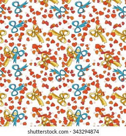 Seamless colorful pattern with bows and hearts. For textiles, wrapping paper, wallpaper, pattern fills, web page background, surface textures.