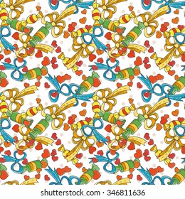 Seamless colorful pattern with bows and hearts. For textiles, wrapping paper, wallpaper, pattern fills, web page background, surface textures.