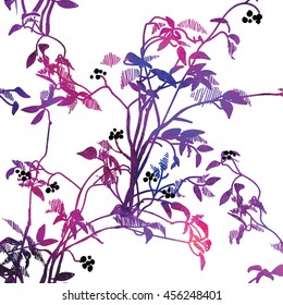 Seamless colorful pattern with branches , leaves and berries . Cute background . Organic , natural.