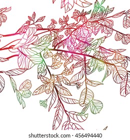 Seamless colorful pattern with branches , leaves and berries . Cute background . Organic , natural.
