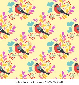 Seamless colorful pattern with bullfinch birds, leaves and berries