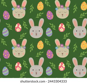 Seamless colorful pattern with bunnies, easter eggs and plants. Vector cartoon green backdrop in flat style