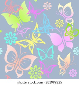 Seamless colorful pattern with butterflies and flowers.