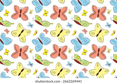 Padrão colorido contínuo com borboletas no fundo branco