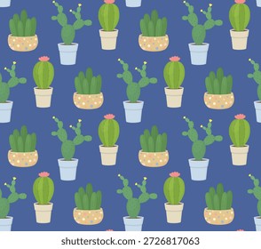 Seamless colorful pattern with cactus plants. Blue background with houseplants