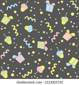 Seamless colorful pattern with cakes and presents on gray background. Vector illustration for celebration prints