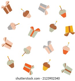 Patrón de color sin foco con pasteles y regalos sobre fondo blanco. Ilustración vectorial para impresiones de celebración