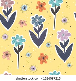 Seamless colorful pattern with cartoon flowers, decor elements, dots on a neutral background. vector. hand drawing. Cartoon floral ornament. design for wrapping, fabric, textile, print