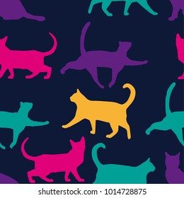 Seamless colorful pattern of cat on a blue background. For boys and girls. for textiles.