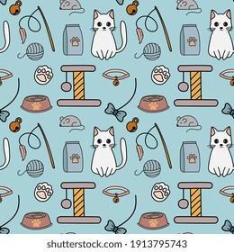 Patrón colorido y sin brillo con gatos y accesorios. Antecedentes para tienda de mascotas, clínica veterinaria, tienda de mascotas, zoológico, refugio. Diseño de estilo plano, ilustración vectorial.