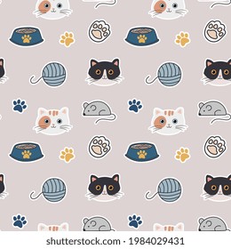 Seamless colorful pattern with cats and accessories. Background for pet shop, veterinary clinic, pet store, zoo, shelter. Flat style design, vector illustration.