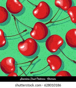 Seamless colorful pattern of cherries, for backgrounds, textiles, menu design. Vector Illustration.