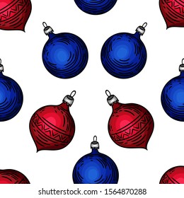 Seamless colorful pattern of Christmas decorations balls on white background.