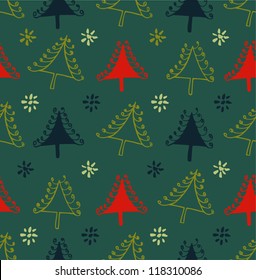 Seamless colorful pattern with Christmas trees. Xmas texture with decorative spruces. Abstract holiday backdrop for crafts, prints, wallpapers.