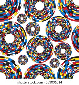 Seamless colorful pattern with circle mondrian elements on white background. Vector illustration for your graphic design.