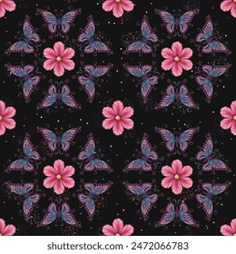 Seamless colorful pattern with circular ornament with chamomile flower in center, fantasy colored butterfly with curled antennae. Geometric background. Art Nouveau style.