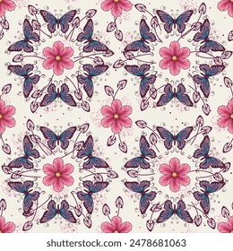 Seamless colorful pattern with circular ornament with chamomile flower in center, fantasy colored butterfly with curled antennae. Geometric background. Art Nouveau style.