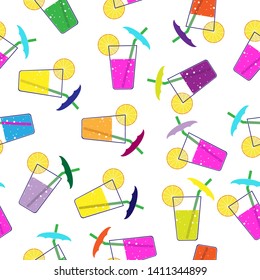 Seamless colorful pattern with cocktail and citrus fruit slices. Modern random colors. Ideal for textiles, packaging, paper printing, simple backgrounds and textures.